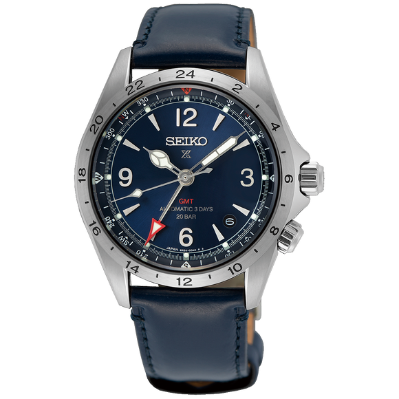 Seiko Prospex SPB377J1  Alpinist Blue Dial GMT Leather 200m Automatic Watch