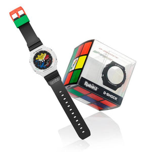 CASIO Rubik’s Cube x G-Shock GAE-2100RC-1A with the six colors of the iconic ’80s puzzle toy
