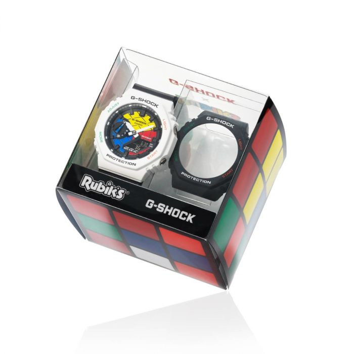 CASIO Rubik's Cube x G-Shock GAE-2100RC-1A with the six colors of
